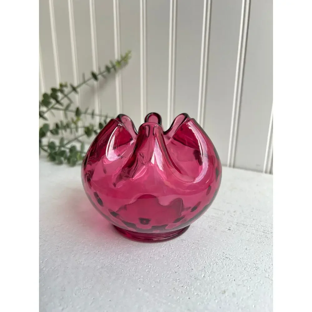 Vintage Cranberry Glass Rose Bowl with Crimped Edge | Optic Design